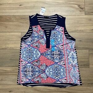 RXB Womens Paisley Floral Striped Split Neck Tank Top Size XL Multicolor